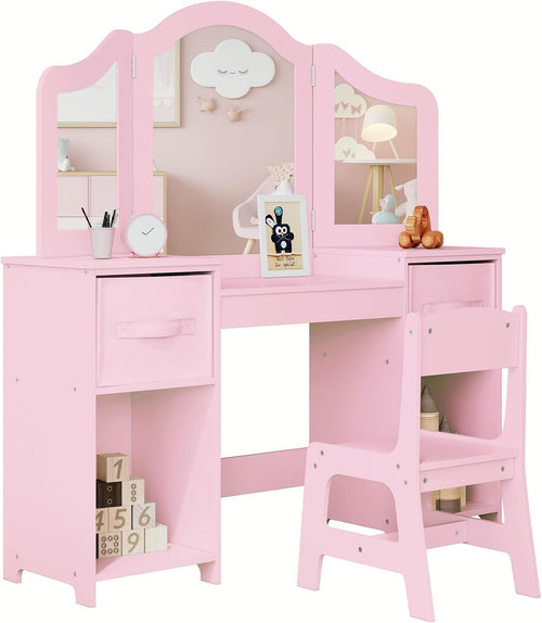 Kids Vanity Table & Chair Set Pink 2-in-1 Makeup Desk with Storage & Mirror