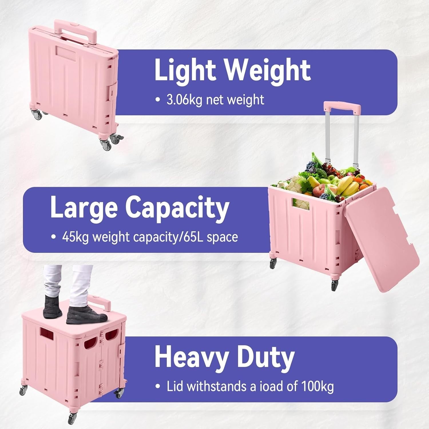 65L Foldable Shopping Trolley 4 Rotating Wheels Collapsible Cart with Lid Pink