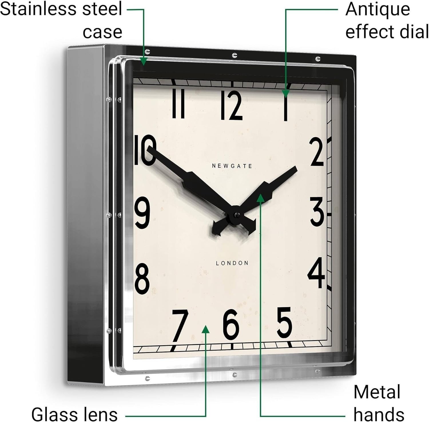 Large Square Wall Clock 40cm Vintage Industrial Silent Metal Retro