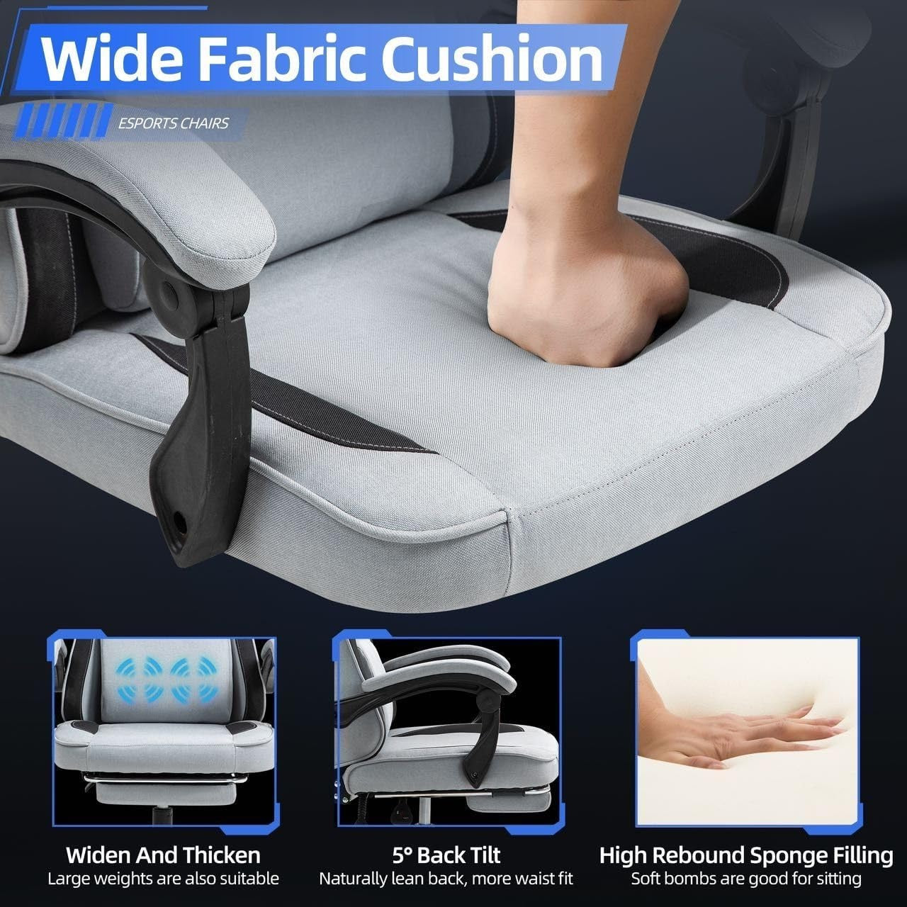 Fabric Gaming Chair Massage Recliner Footrest Ergonomic Adjustable Grey