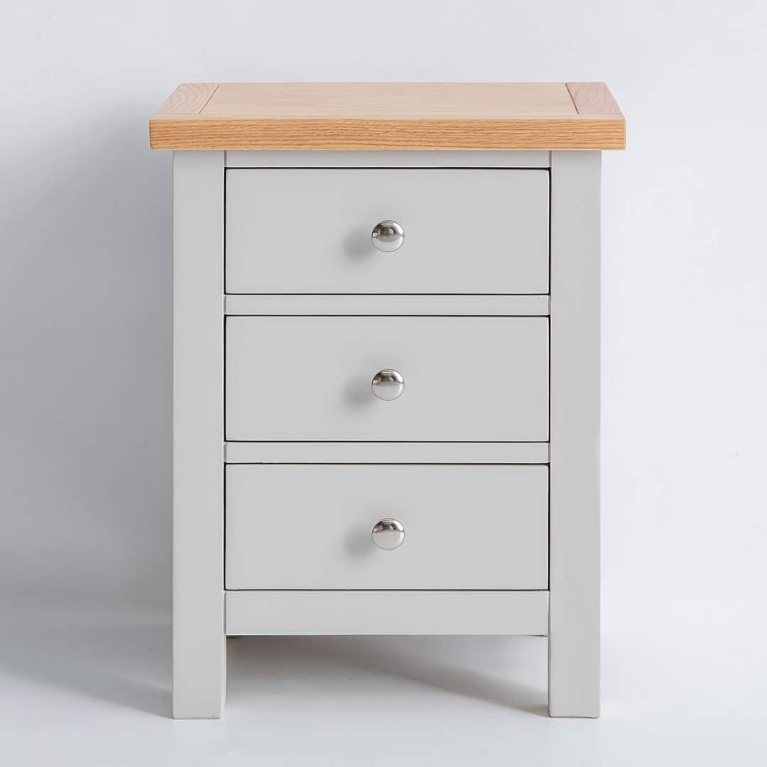 Grey 3 Drawer Bedside Table with Oak Top | Solid Wood Storage Unit