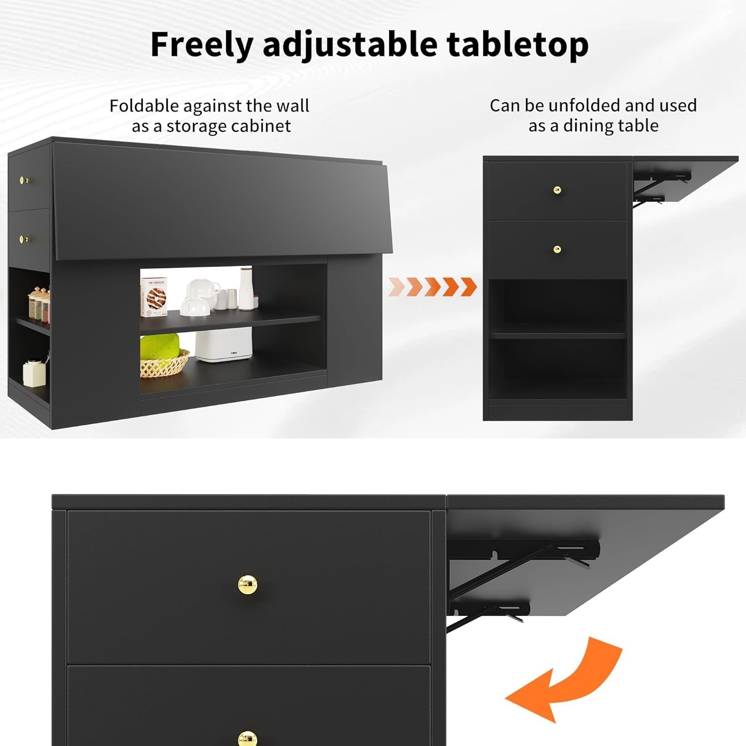 Kitchen Island with Fold Out Table, Storage Cabinet & Drawers, Black