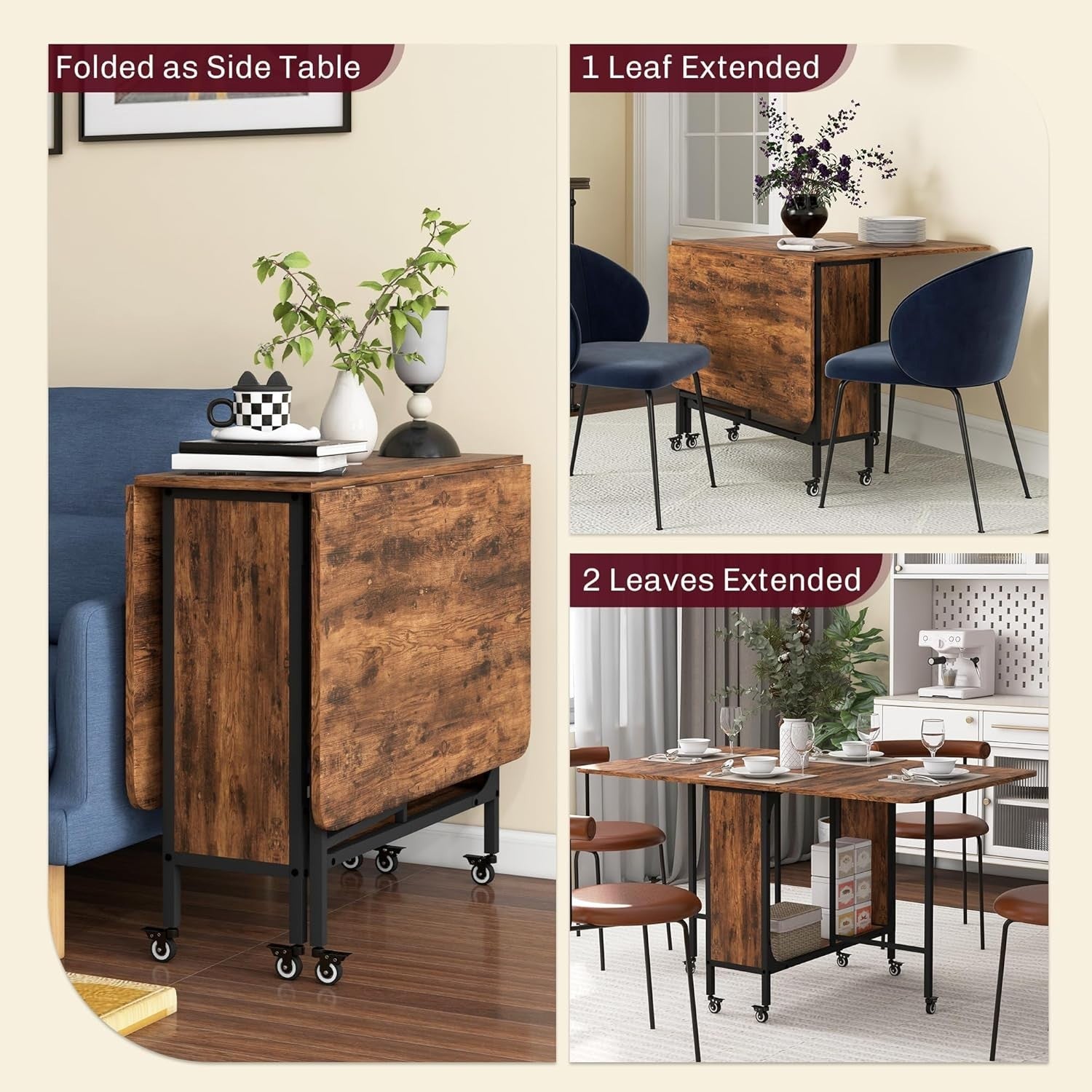 Rustic Folding Dining Table on Wheels with Shelf Drop Leaf Space Saver