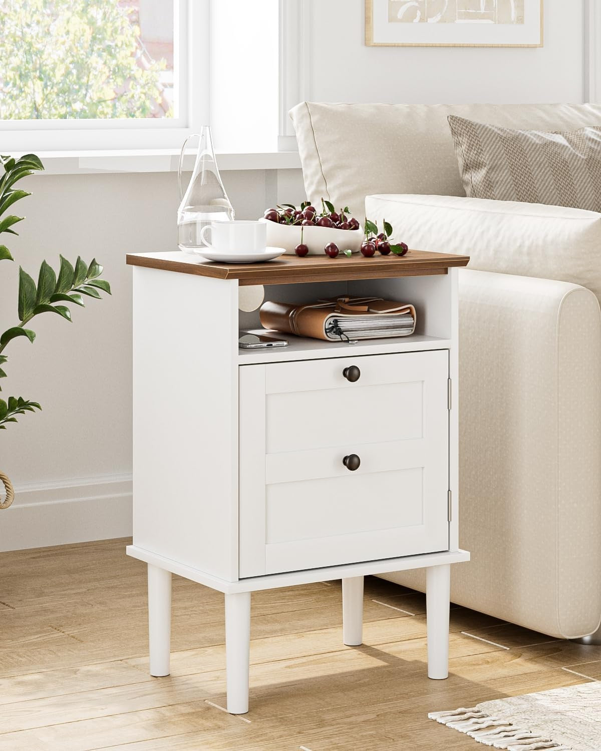 Wooden Bedside Table with Door & Shelf – White Farmhouse Nightstand 39x29x60cm