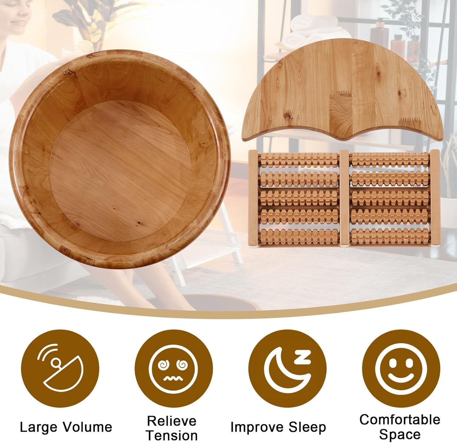 Wooden Foot Bath Bucket with Massage Roller Insulated Deep Soak Spa
