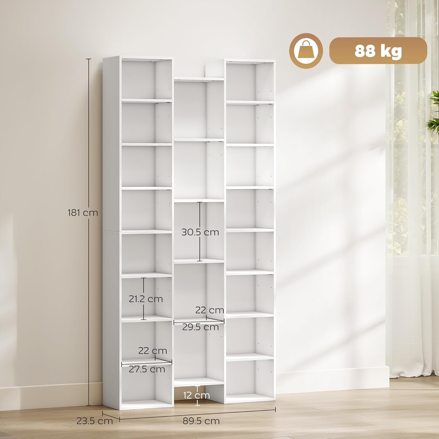 Tall 21-Cube White Bookcase Adjustable Shelves Modern Storage Unit for Home Offi