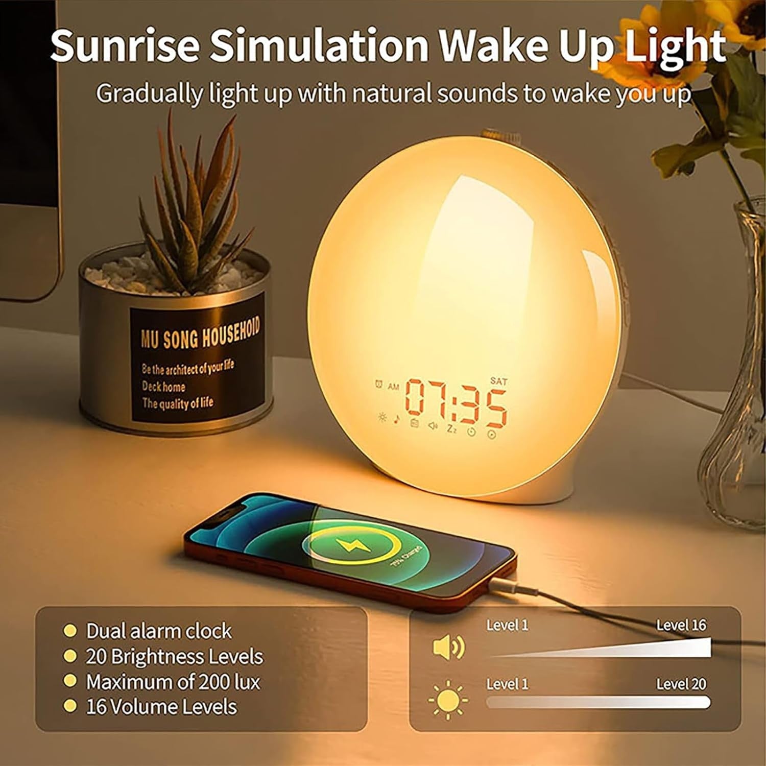 Wake Up Light, Sunrise Alarm Clock with 14 Colorful Light, Sleep Timer, Colored