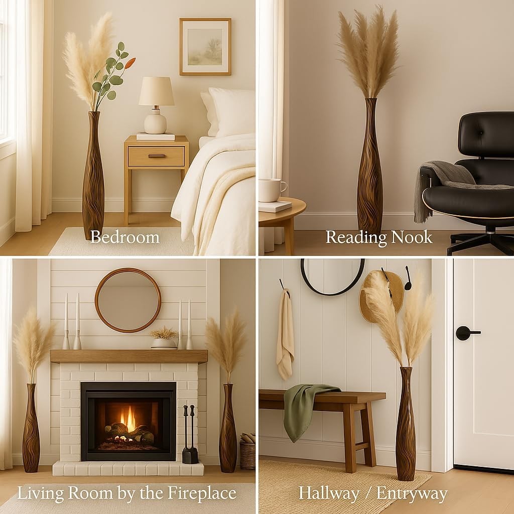 Tall Wooden Floor Vase 70cm – Rustic Farmhouse Pampas Grass Home Decor