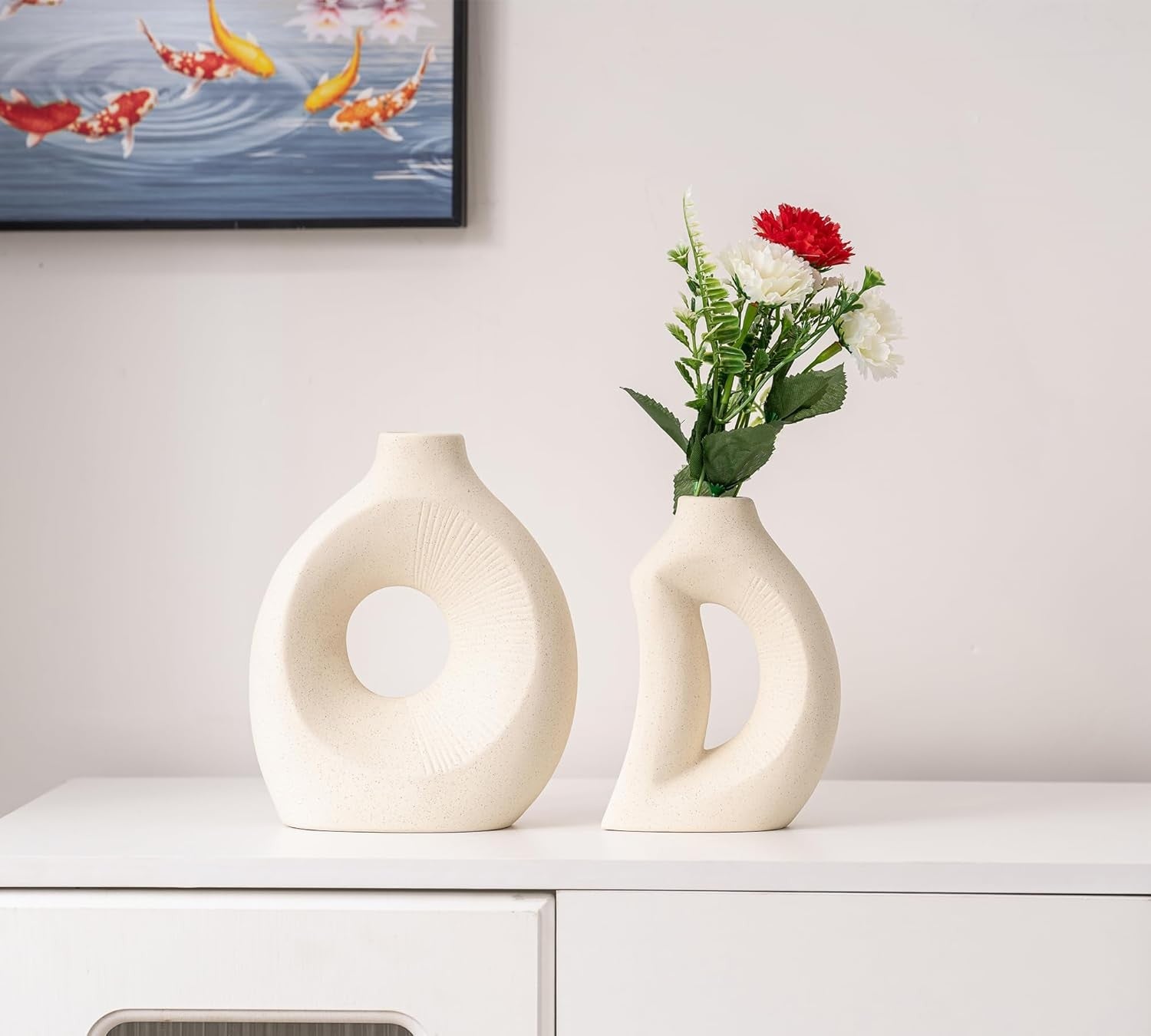 Ceramic Vase Set of 2 Minimalist Hollow White Pampas Flower Vases Decor