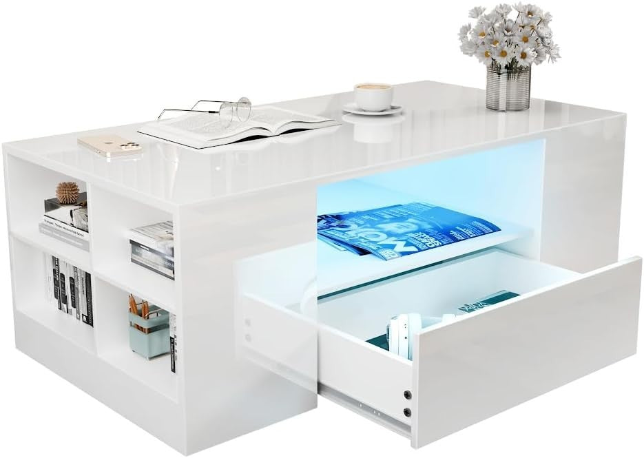 Blisswood LED Coffee Table with 2 Drawers, High Gloss Grey & RGB Lights