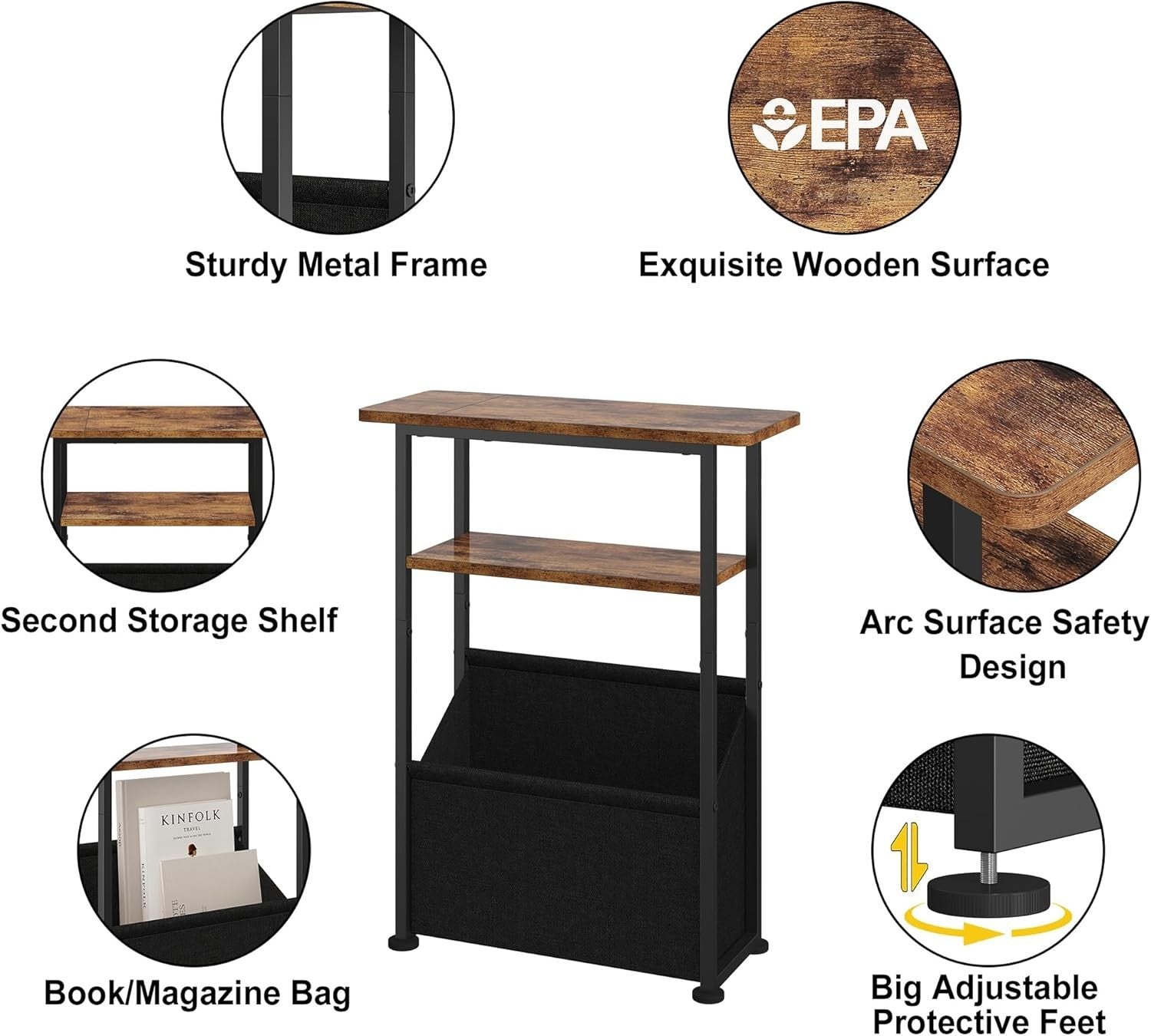 Rustic Narrow Side Table 3-Tier with Storage Basket – Slim Bedside Unit