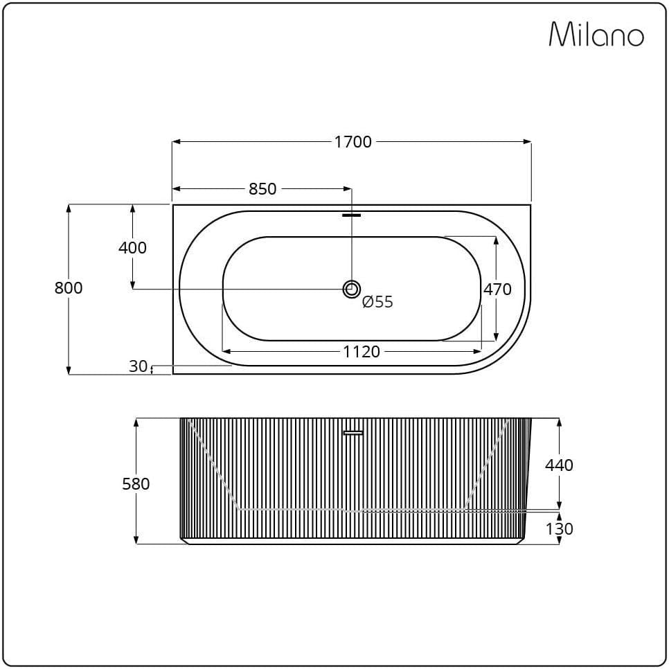 White Left Hand Fluted Corner Bath 1700x800mm Brass Overflow