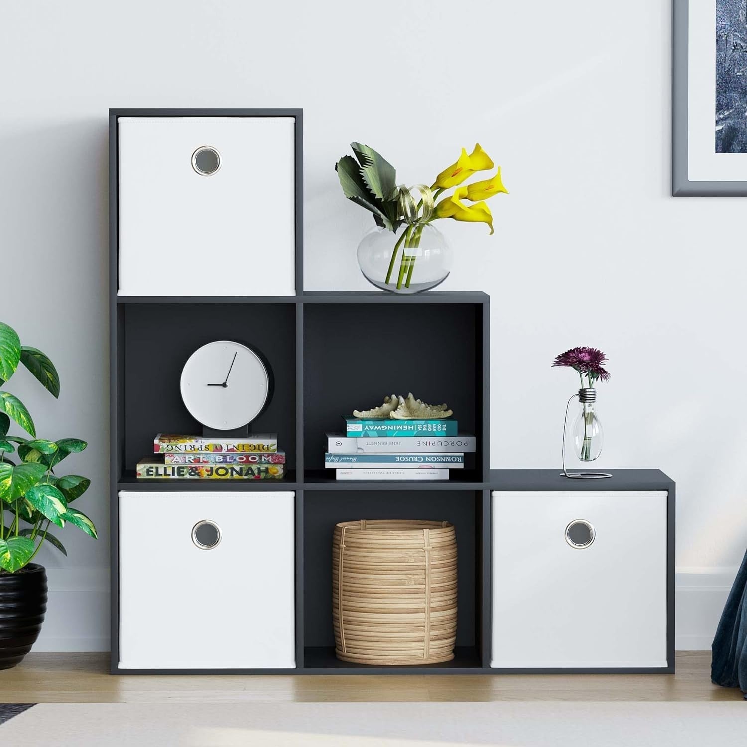 Black 6 Cube Staircase Storage Shelf + 3 White Baskets – Modern Bookcase Unit