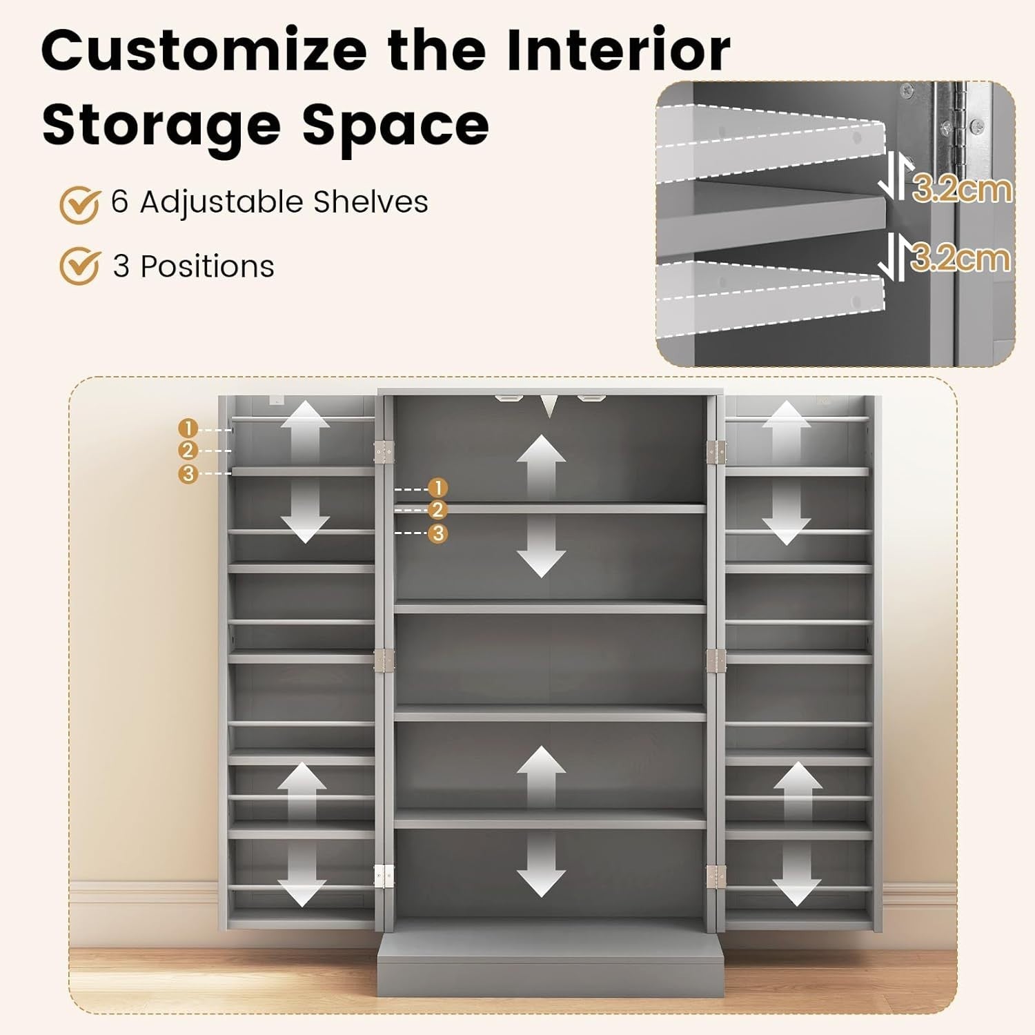 Grey Kitchen Cupboard 2-Door Pantry Adjustable Shelves 59x30x104cm