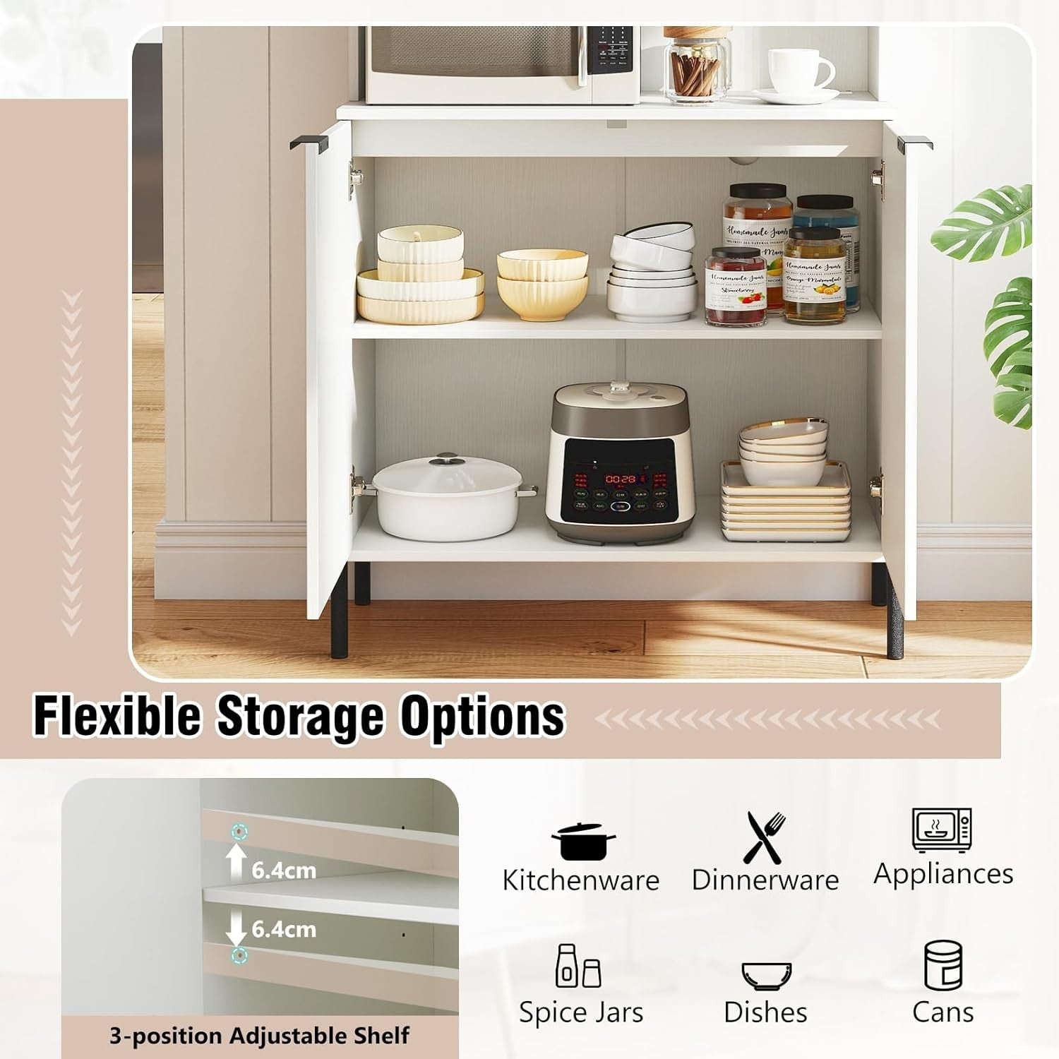 Tall Kitchen Cupboard 4-Door Pantry Storage Cabinet with Wine Rack & USB