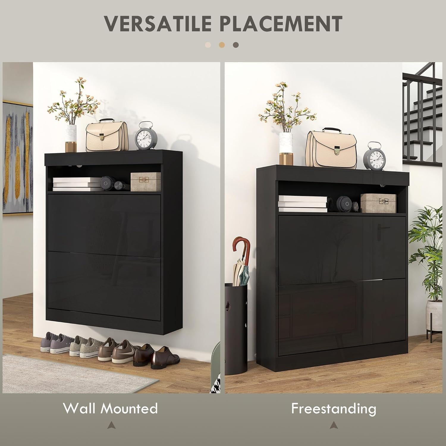 Modern Narrow Shoe Cabinet 12-16 Pair Storage with Flip Drawers & Shelf