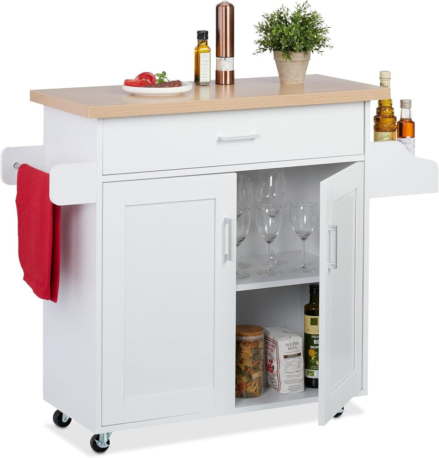 White Kitchen Trolley Cart with Drawer, Worktop & Storage – 114x39x90cm