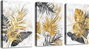 FajerminArt 3-Piece Modern Canvas Wall Art Marble Tropical Grey Gold Leaves 30x4