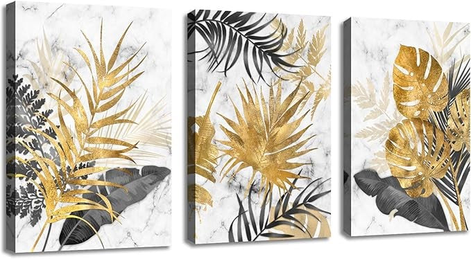 FajerminArt 3-Piece Modern Canvas Wall Art Marble Tropical Grey Gold Leaves 30x4