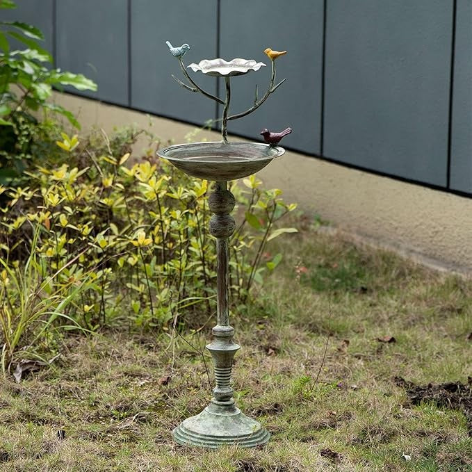 25" Iron Bird Bath & Feeder Stand – Distressed Green Outdoor Garden Décor