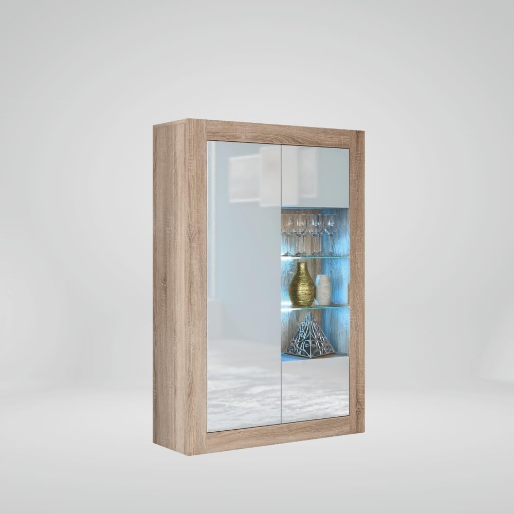 Modern Oak White LED Sideboard Cabinet Glass Doors Display Unit 140cm