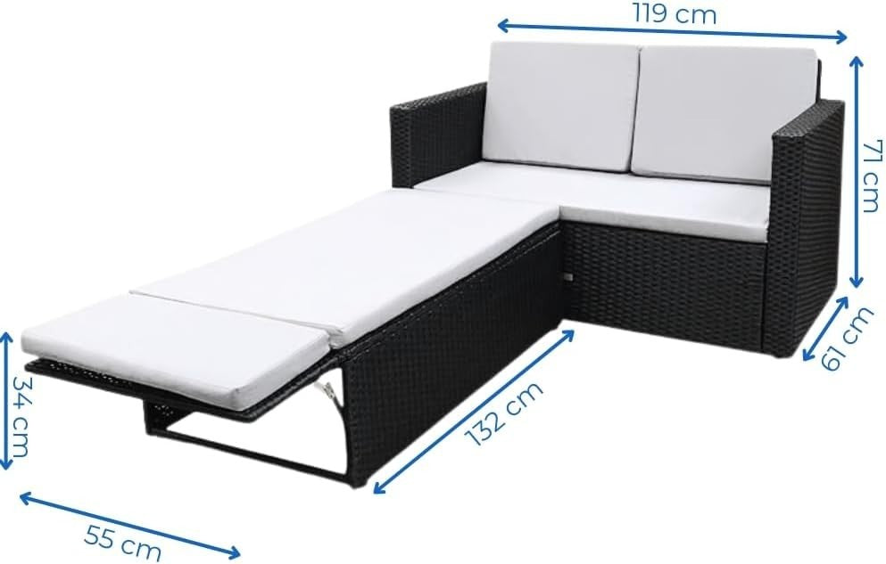 Outdoor Rattan Garden Sofa Set 2 Seater Lounge with Cushions & Extendable Footst