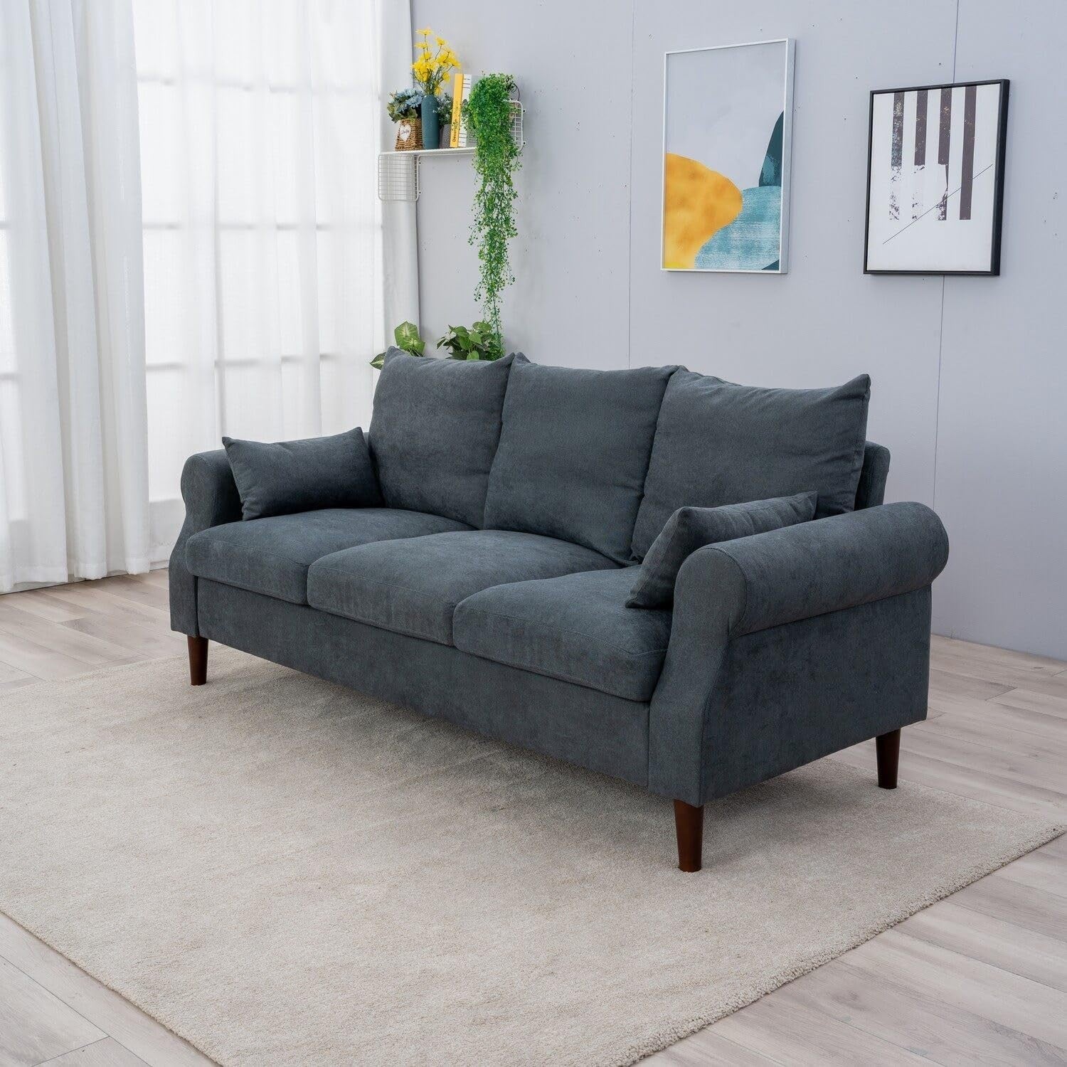 3 Seater Grey Linen Sofa Couch | Modern Fabric Settee Wood Legs