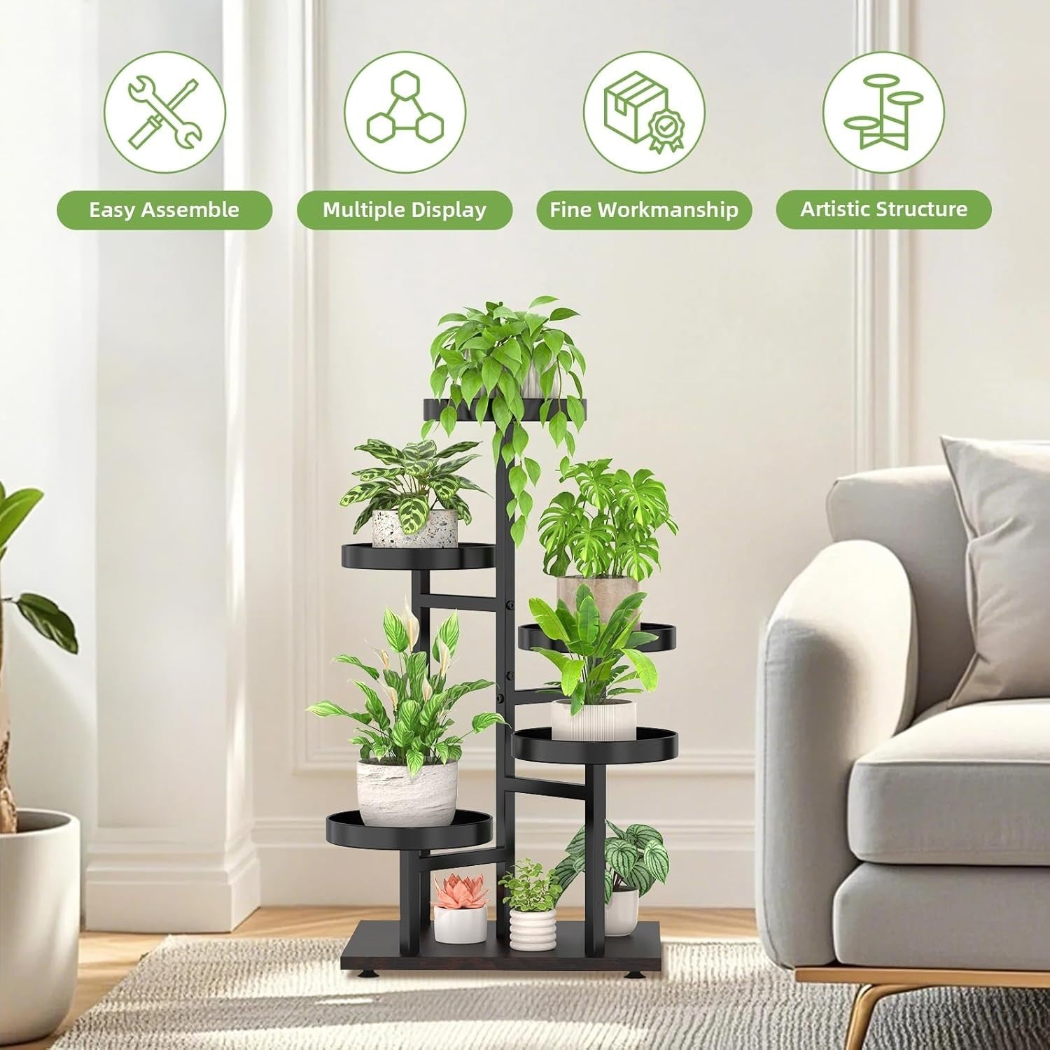 5-Tier Black Walnut Metal & Wood Plant Stand | Corner Indoor Outdoor Shelf