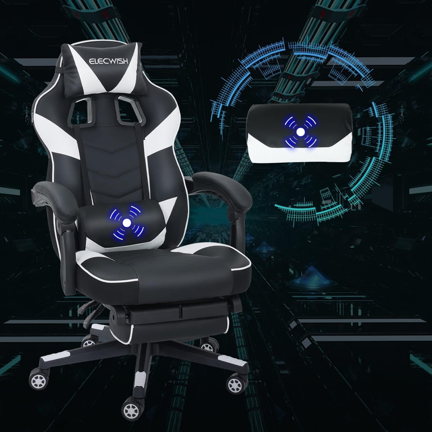 Gaming Chair with Massage & Footrest Reclining Ergonomic White