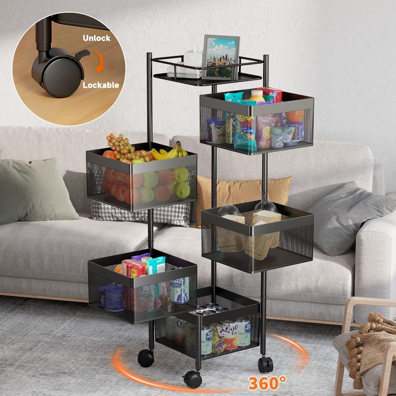 6 Tier Metal Fruit Basket Rotating Storage Trolley with Wheels Black