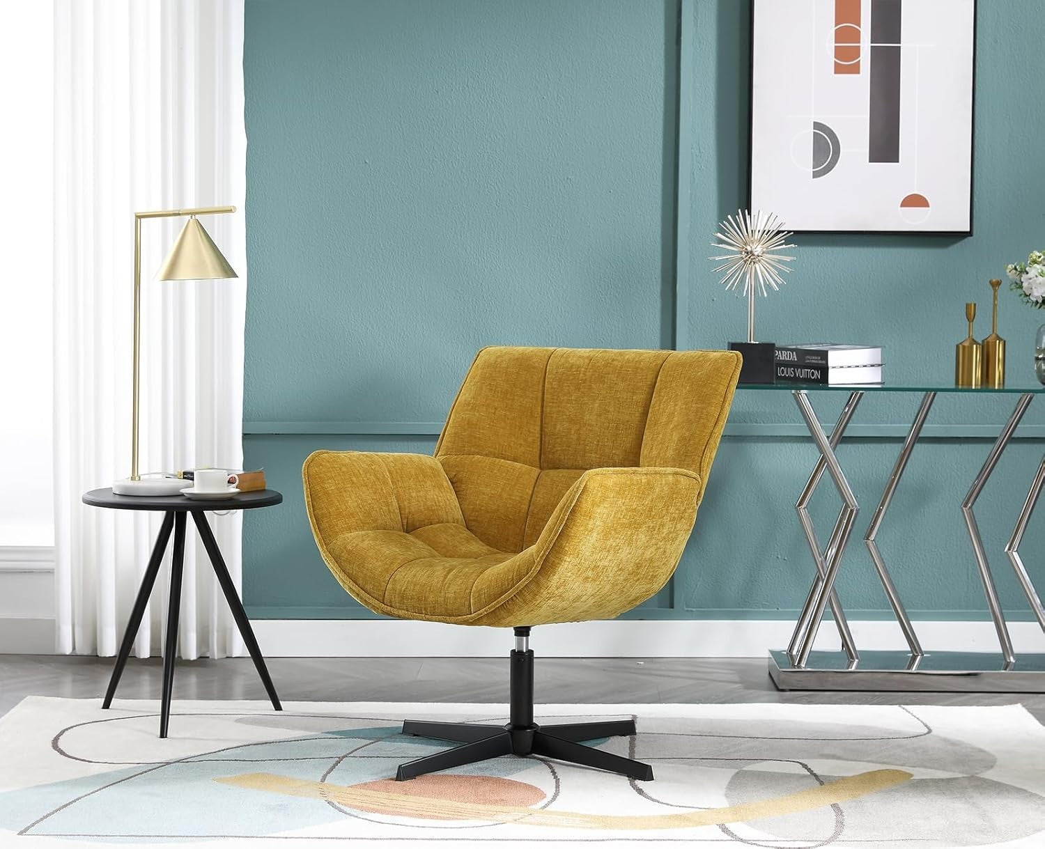 Swivel Chenille Tub Chair 360° Rotating Accent Armchair Yellow Lounge Seat