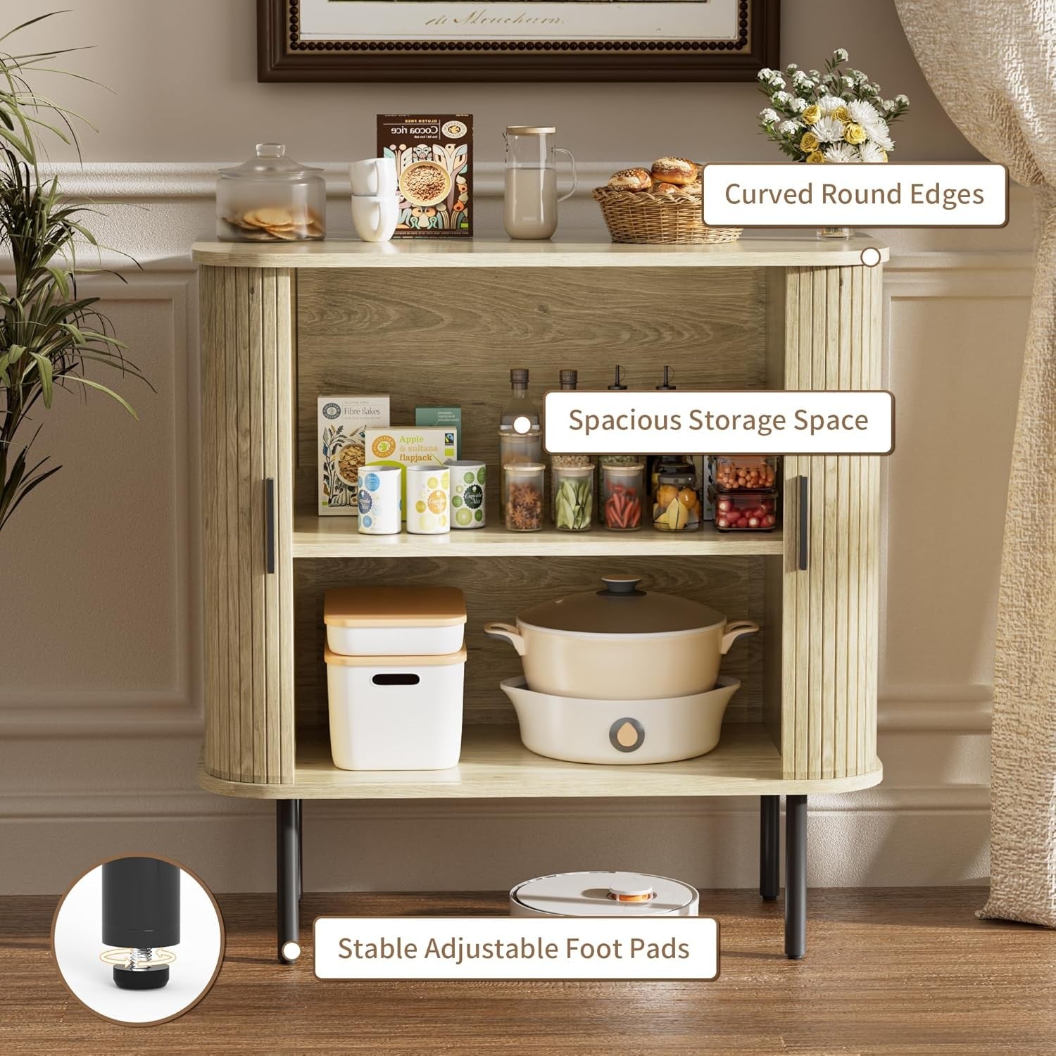 Natural Wood Sideboard Buffet Cabinet with Sliding Tambour Doors 80cm