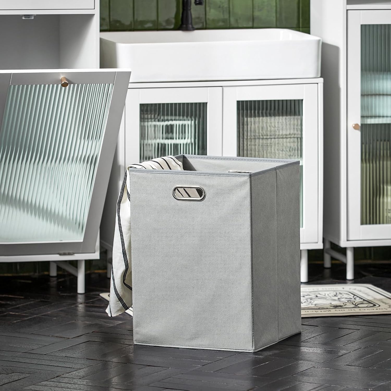White Laundry Cabinet with Glass Door Drawer Tilt-Out Basket Slim Bathroom Unit