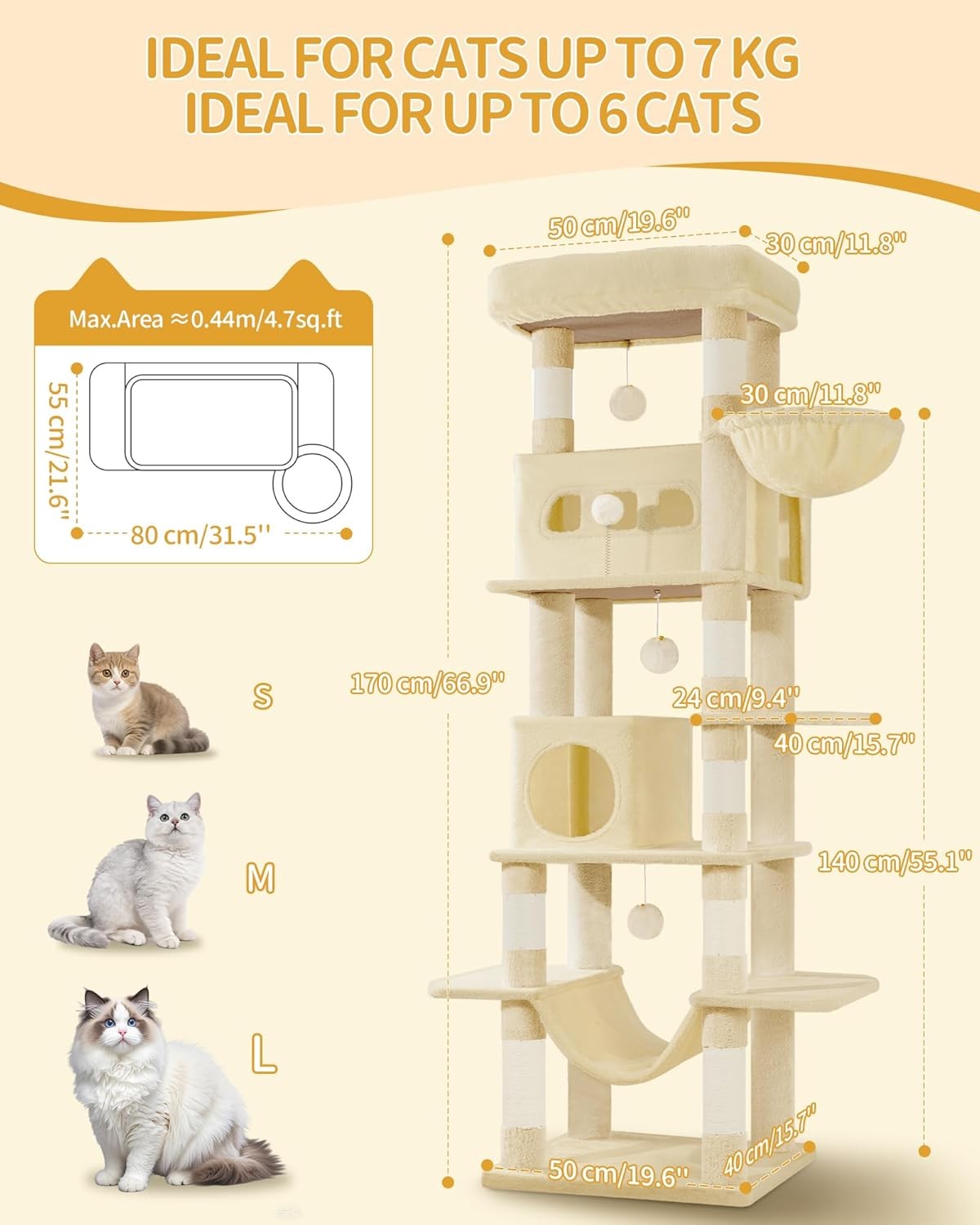 Large Cat Tree 170cm Multi Level Tower with Condo Hammock Scratch Posts