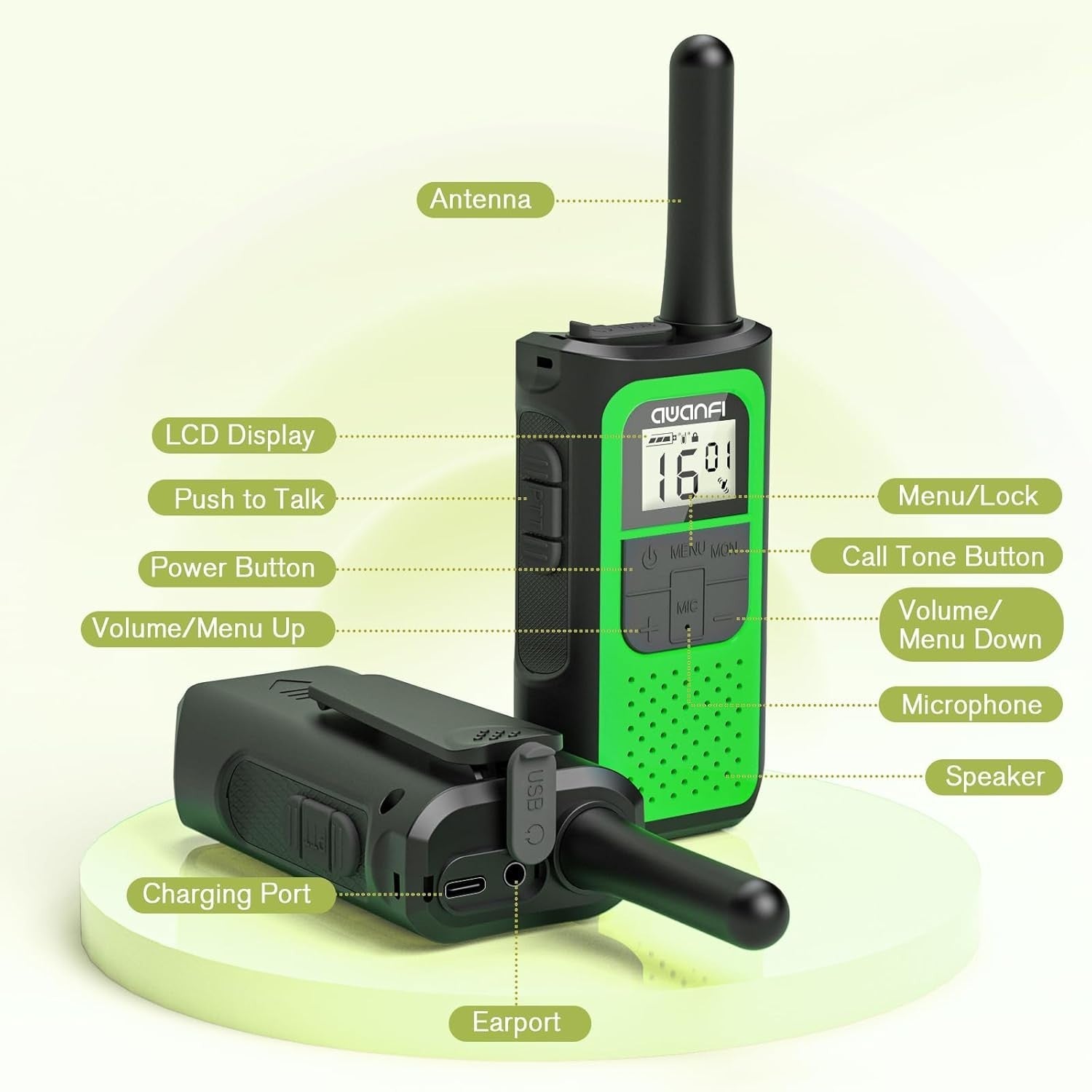 Long Range Walkie Talkies 2 Pack Rechargeable 16 Channel VOX USB-C