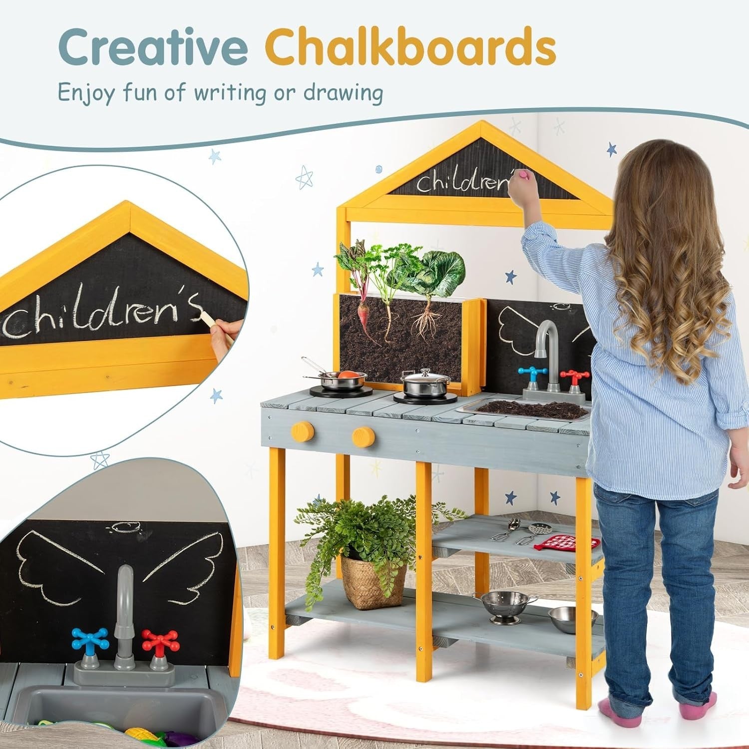 Outdoor Mud Kitchen Kids Playset w/ Planter Sink Chalkboard Toys