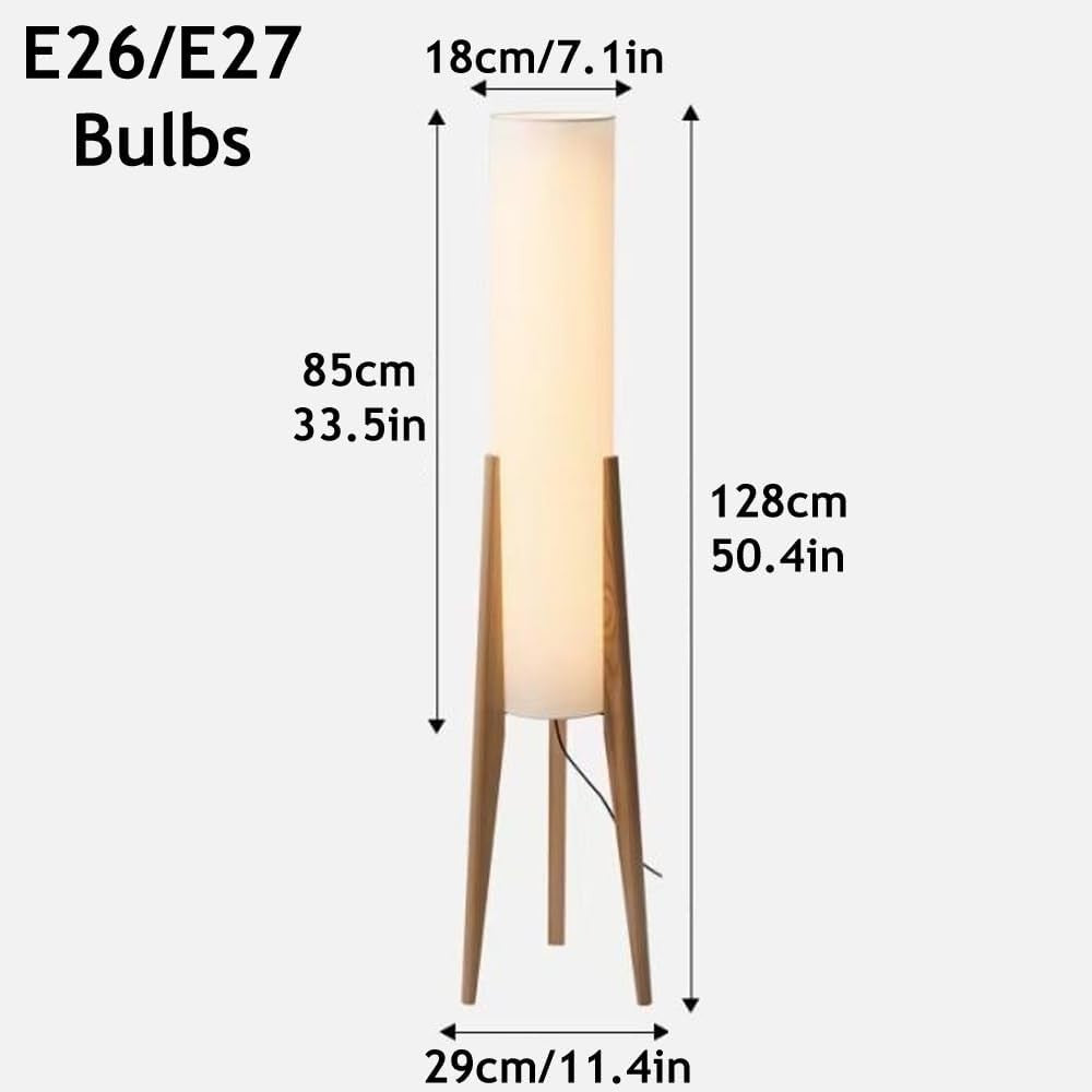 Wabi Sabi Wooden Tripod Floor Lamp Linen Shade Tall Standing Light E26