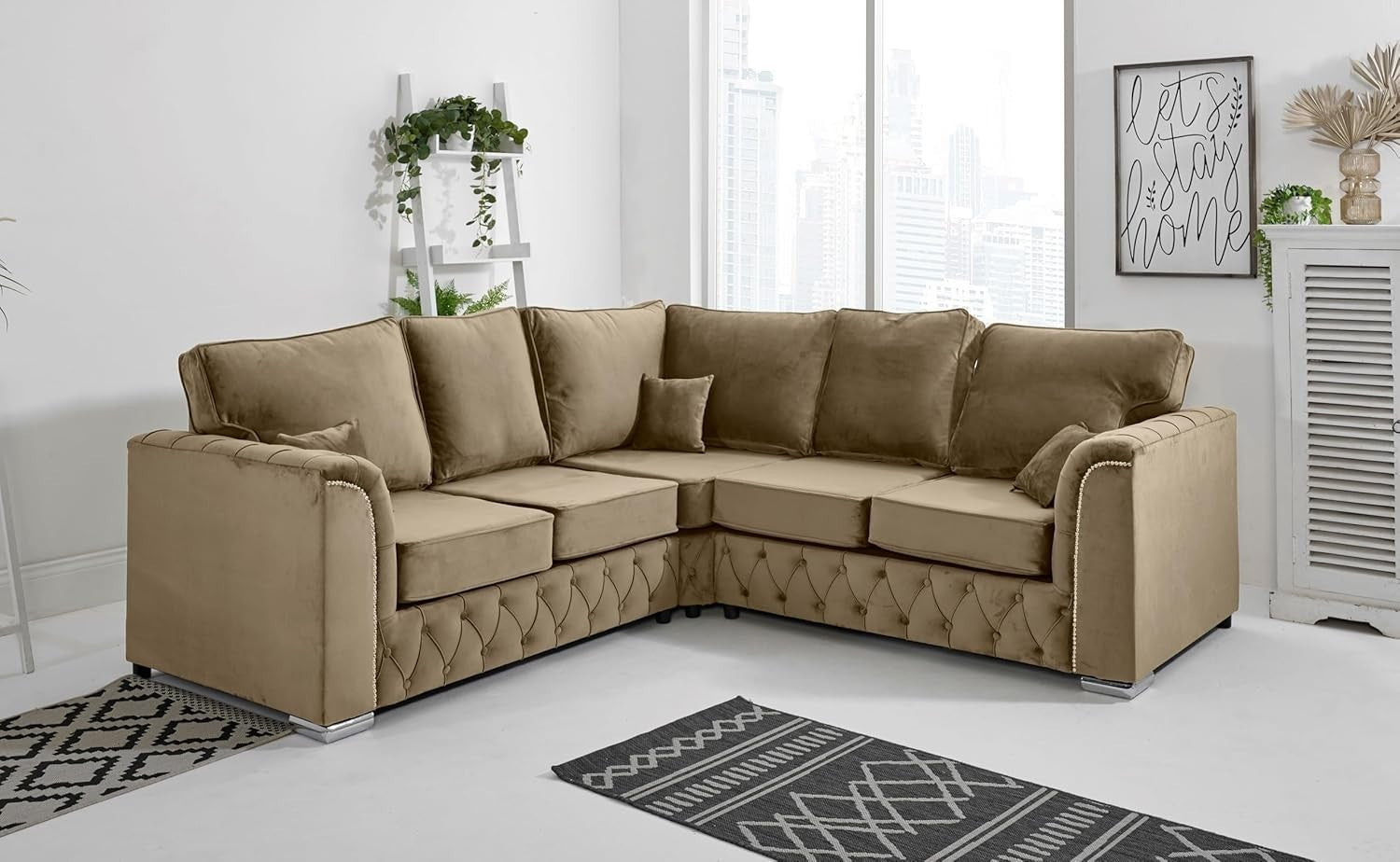 Plush Velvet Mink Corner Sofa 5-Seater, Foam Cushions, Chrome Feet, L-Shape