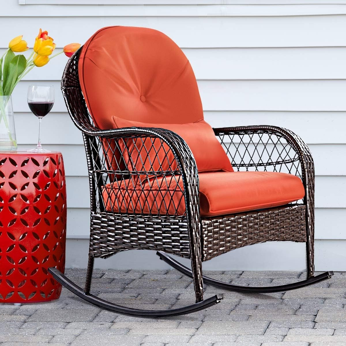 Outdoor Rattan Rocking Chair with Cushions & Lumbar Support, Red