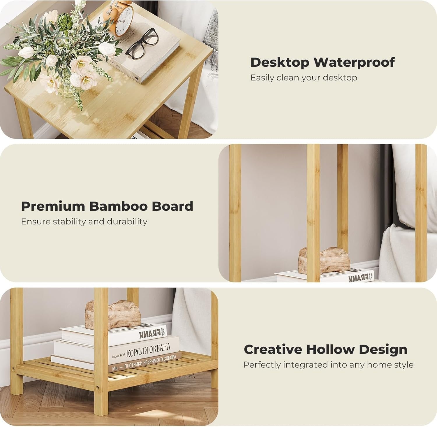2-Tier Bamboo End Table, Narrow Nightstand, Space-Saving Sofa Side Table