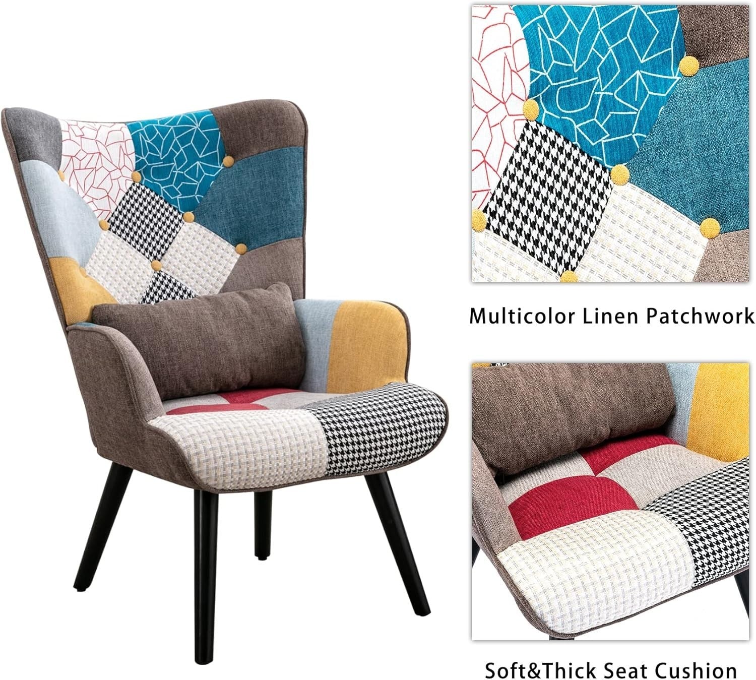 Patchwork Accent Chair & Ottoman Lounge Set | Retro Armchair for Reading
