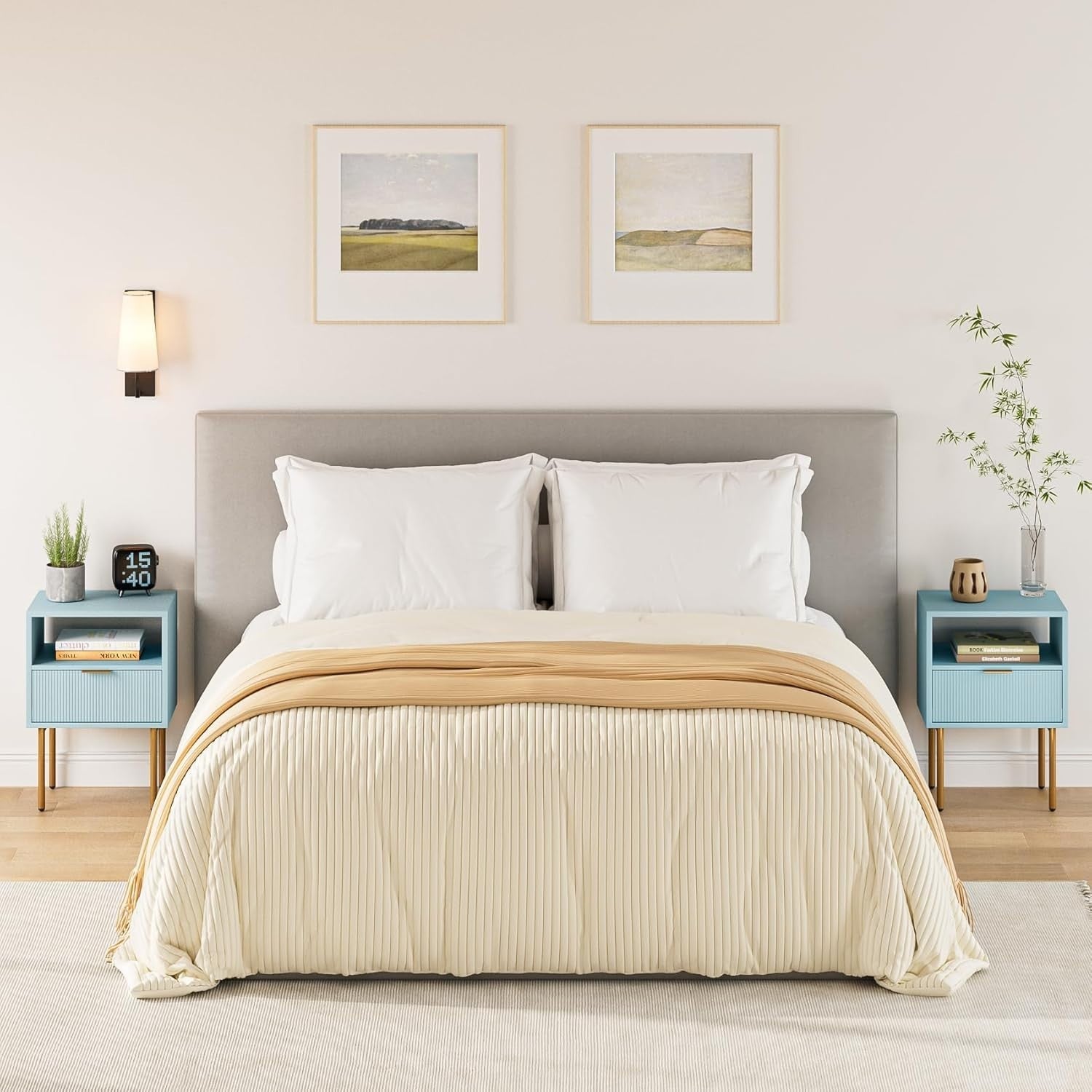 Modern Blue Bedside Table with Drawer & Shelf | Gold Legs Nightstand