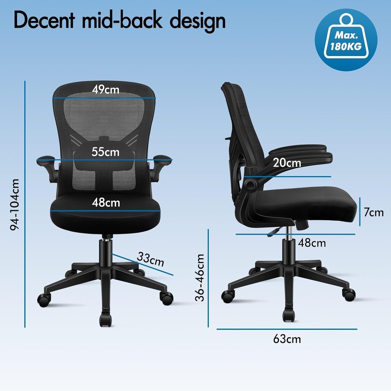 Ergonomic Office Chair Mesh Mid Back Adjustable Height Flip Up Armrests Swivel