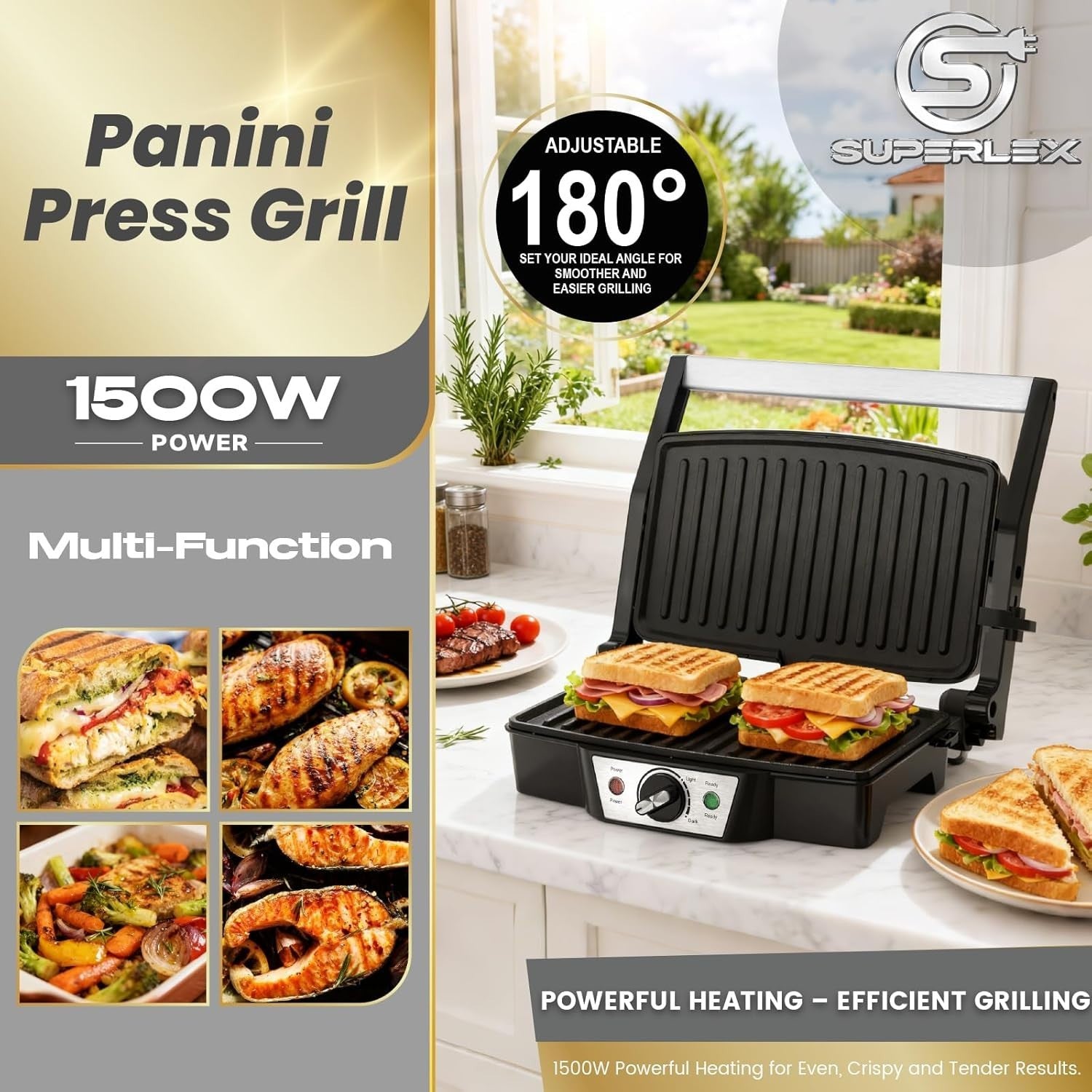 Panini Press Grill Sandwich Maker 1500W Non-Stick Adjustable Temp 180°
