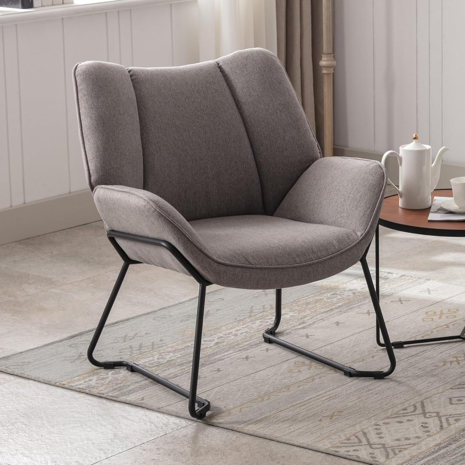 Modern Linen Accent Chair Tub Armchair Grey Metal Legs Lounge Living Room