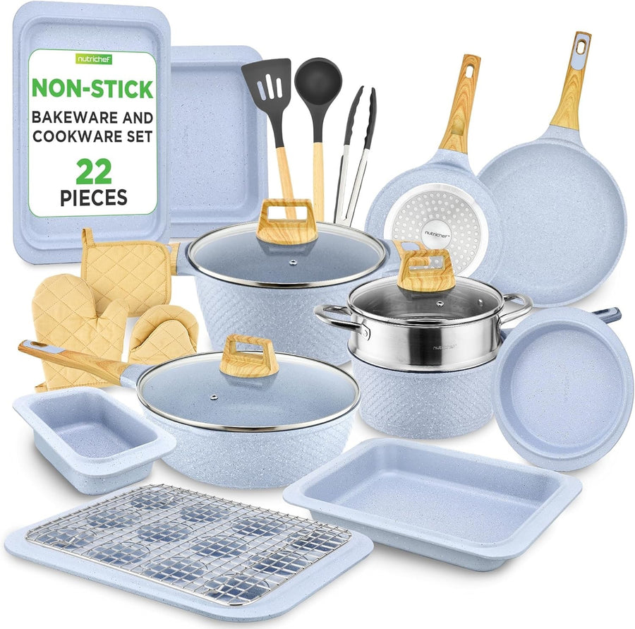 22pcs Moon Grey Non Stick Cookware & Bakeware Set, PFOA-Free Marble Coating