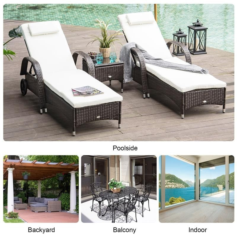 3Pc Rattan Recliner Lounger Set w/ Table Cushions Wheels Garden Patio