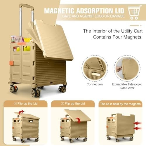 Heavy Duty Folding Shopping Cart 55kg Trolley 360° Wheels Foldable Khaki