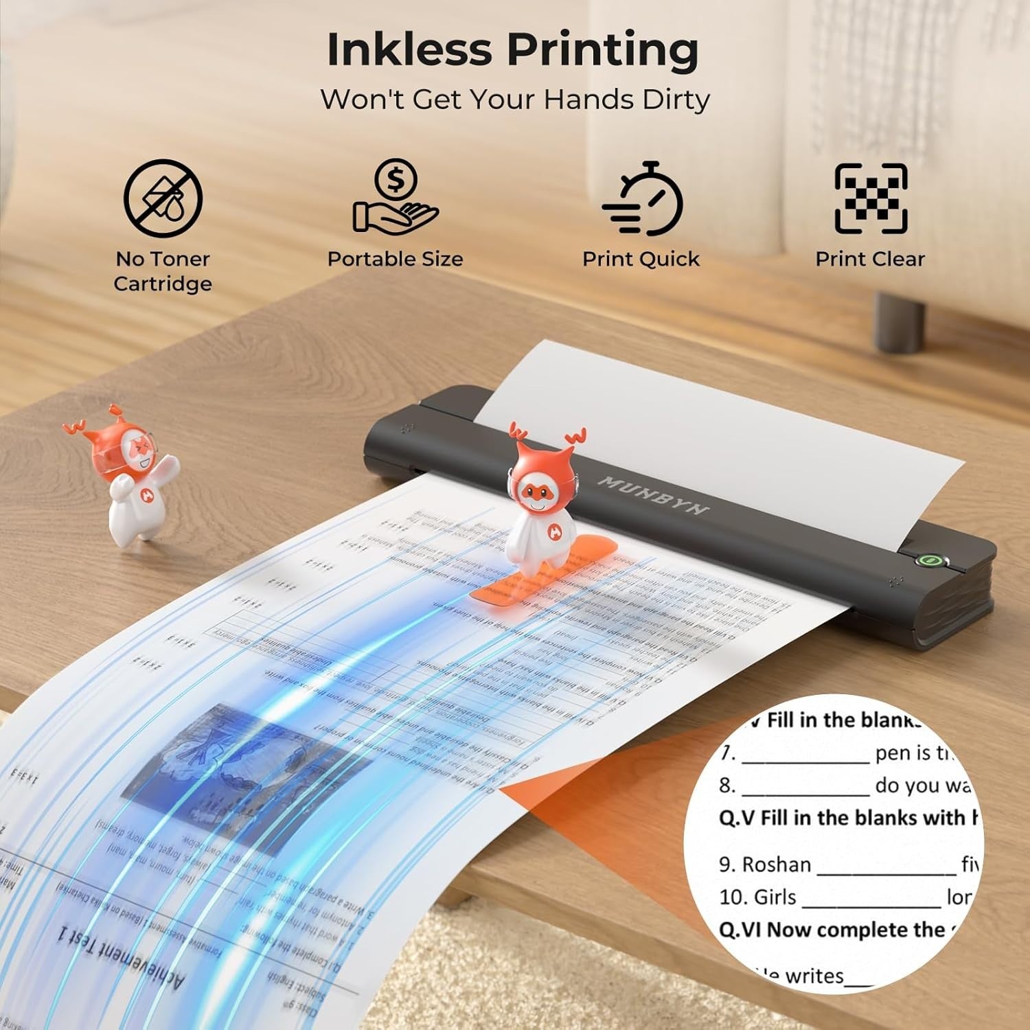 Black Portable A4 Thermal Printer Wireless Bluetooth Home Office Travel