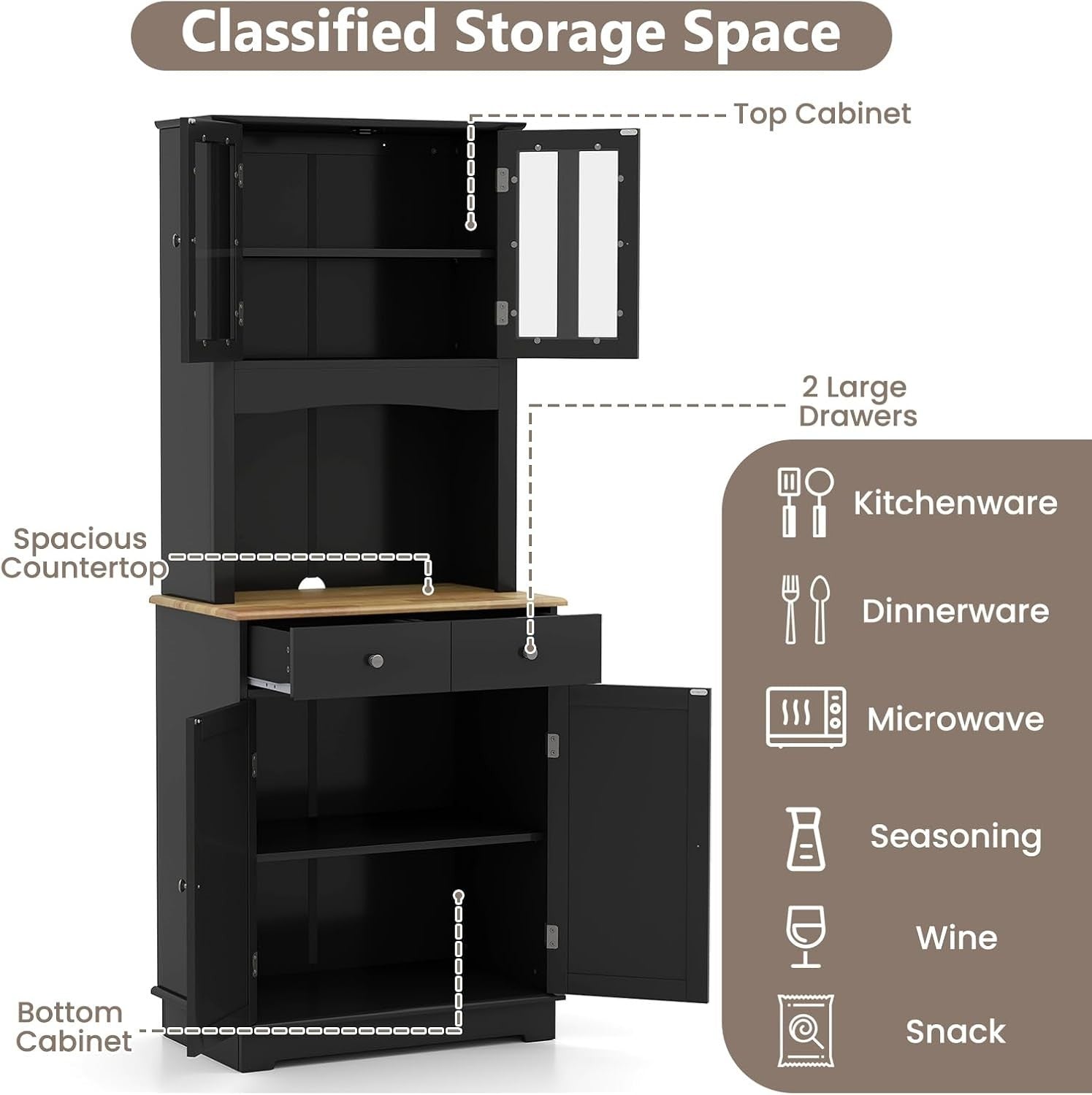 Black 170cm Tall Kitchen Cupboard 4-Door 4-Drawer Adjustable Shelves